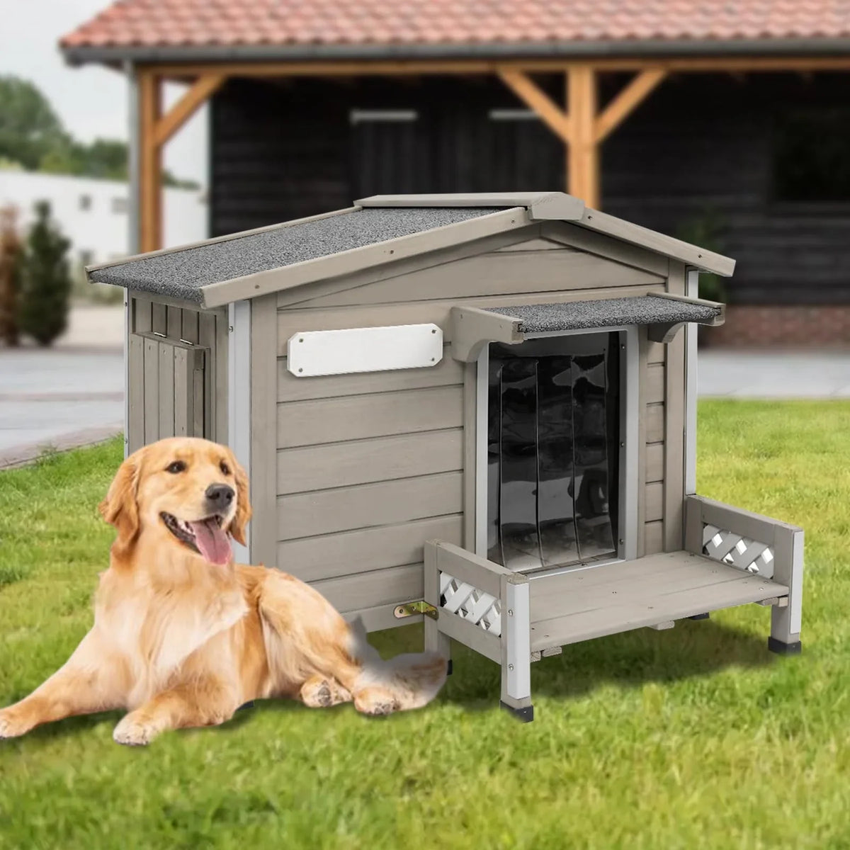 PETSCOSSET Outdoor Dog House, Wooden Dog Kennel with Porch & Window for Medium Dog