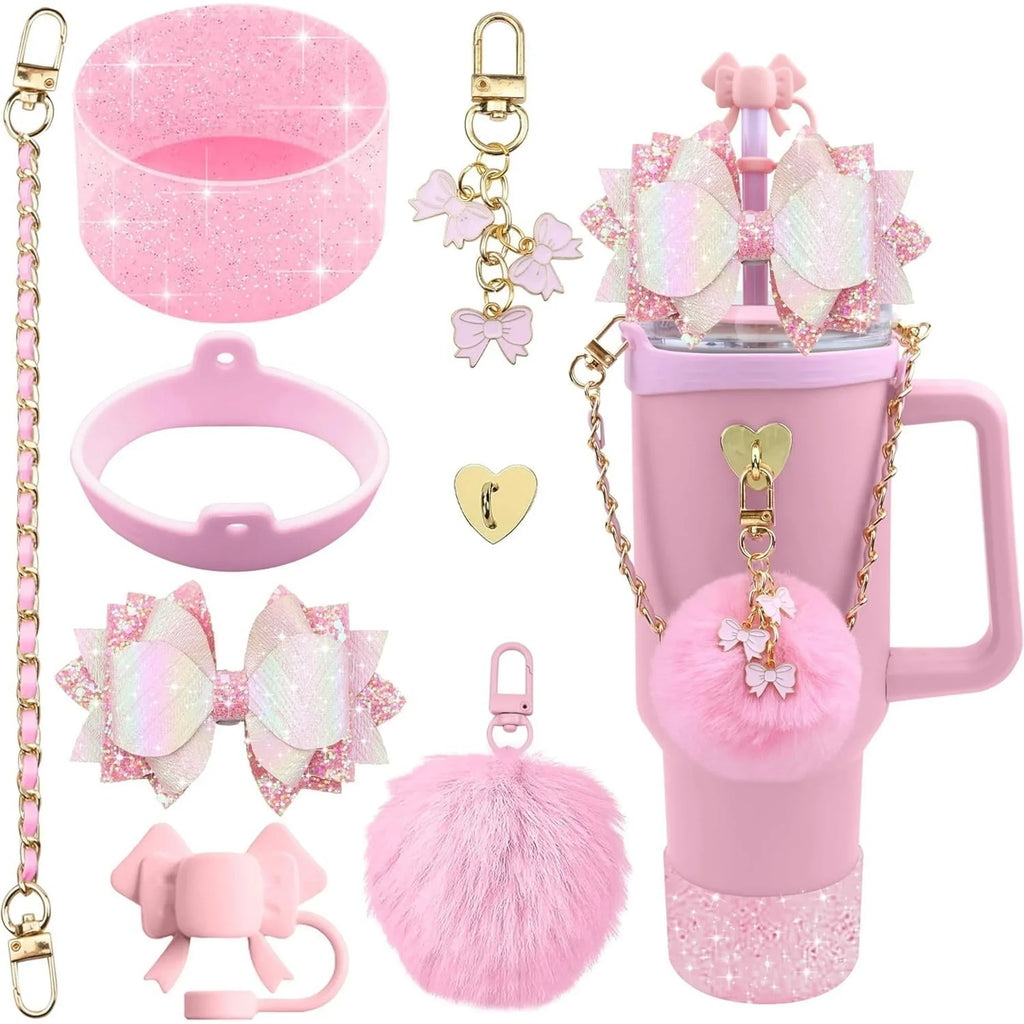Cup Accessories and Charm Set for Stanley Tumbler Cup, Silicone Straw Cover Cap Straw Toppers Cup Boots, Pink