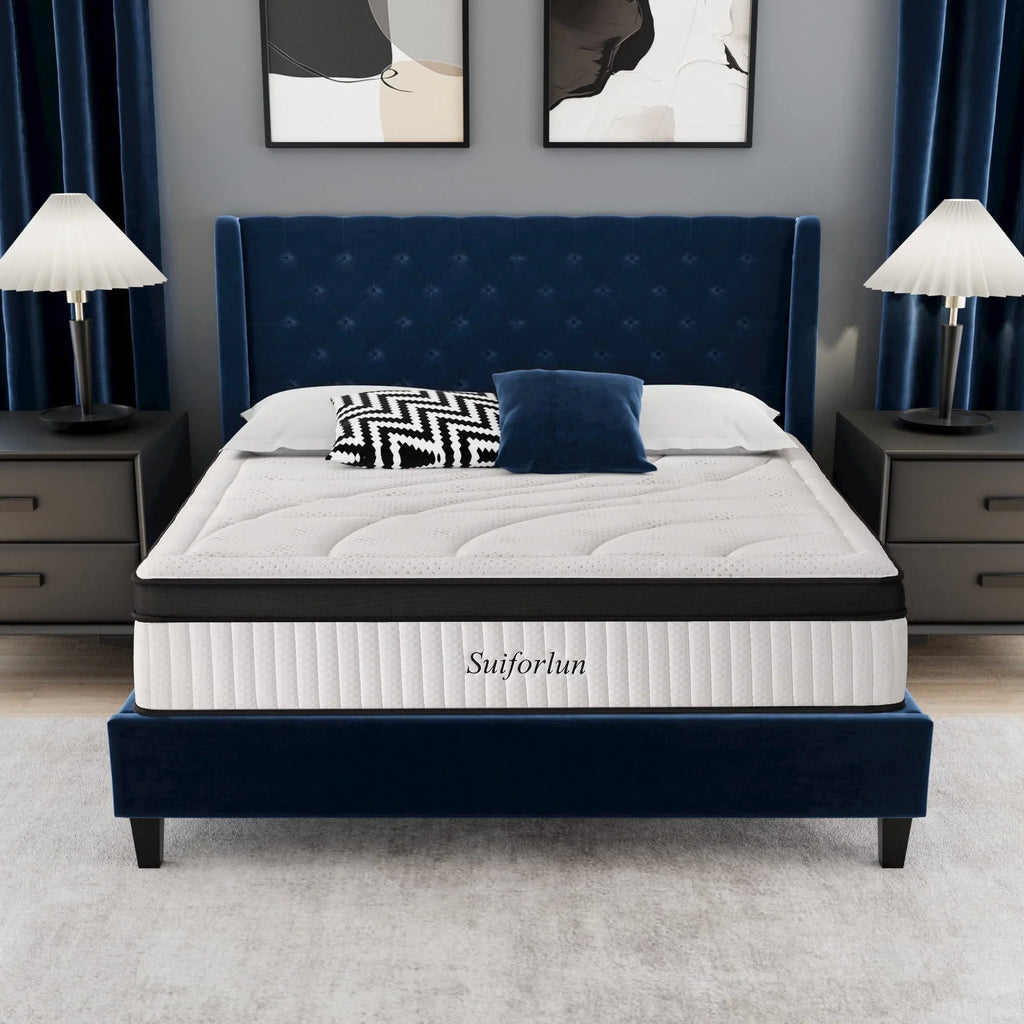 Queen Size Mattress, 14 Inch Bamboo Foam Mattress in a Box with 7 Premium Layers, Medium Firm Gel Hybrid Mattress with Pressure Relief and Support for Cool Night, CertiPUR-US Certified