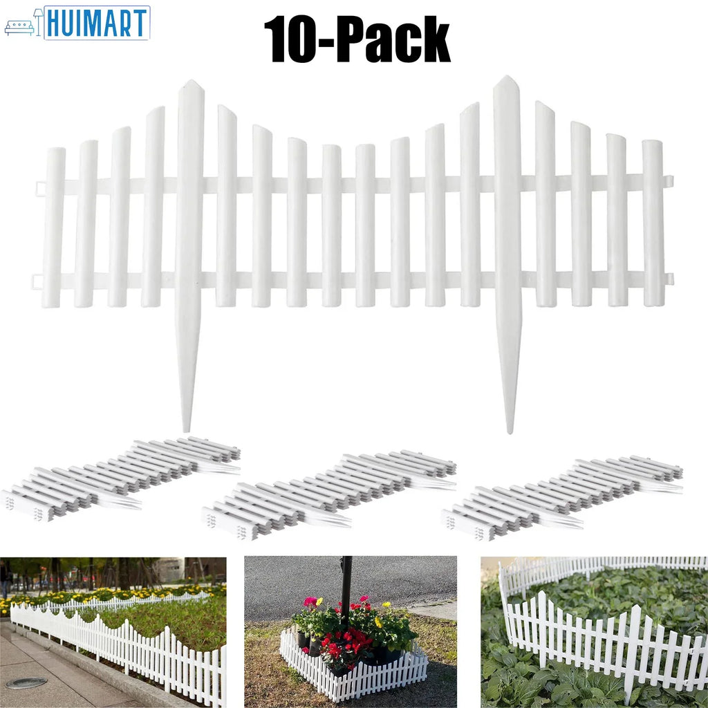 SUSUZI 10-Panel White Picket Fence Plastic Edging Garden Fence Lawn Flowerbed Borders Landscape Path Panels 13in Tall Pack of 10 (Overall Length 20 ft)