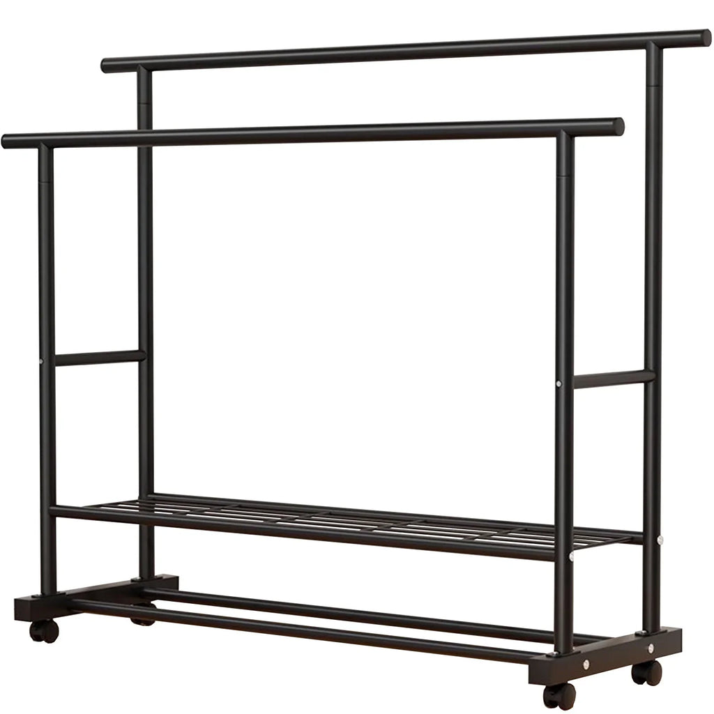 SUSUZI Double Rods Garment Rack with Wheels, Freestanding Clothing Rack for Hanging Clothes