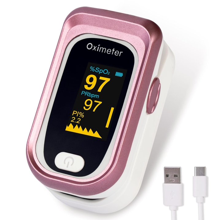 SUWU Rechargeable Pulse Oximeter Fingertip, Accurate Heart Rate Monitor, Oxygen Monitor Fingertip for Sports and Aviation Use,with USB Charging Cable and Lanyard (Rose Gold)