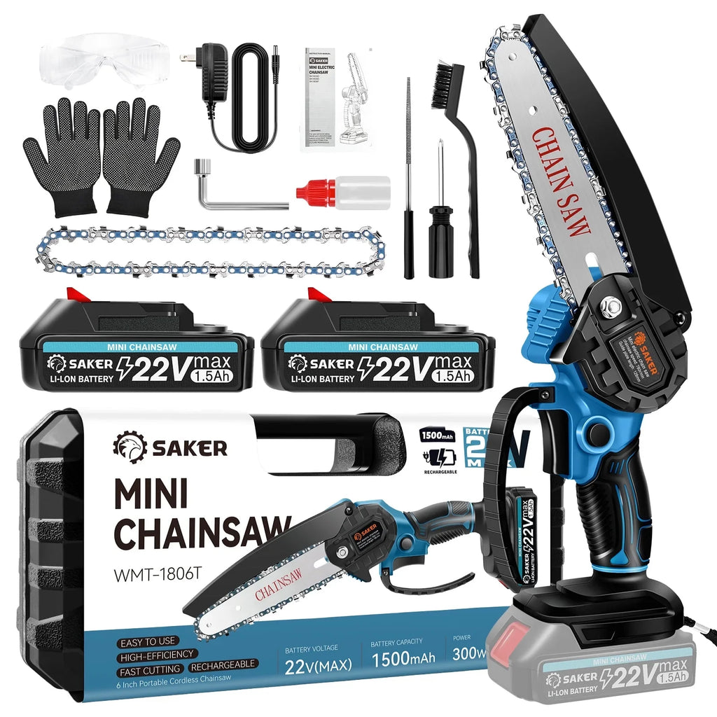 Saker 6 inch Small Handheld Chainsaw with 2 Batteries  2 Chains, Powerful Electric Chainsaw for Efficient Cutting, Ideal for Wood Cutting, Tree Trimming, Blue