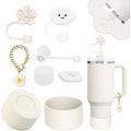 Spill Proof Stopper and Cup Accessories for Stanley, Silicone Straw Cover Cap Straw Toppers Flower Charm Cup Boots Fits Stanley 40 30 Oz Tumbler, White