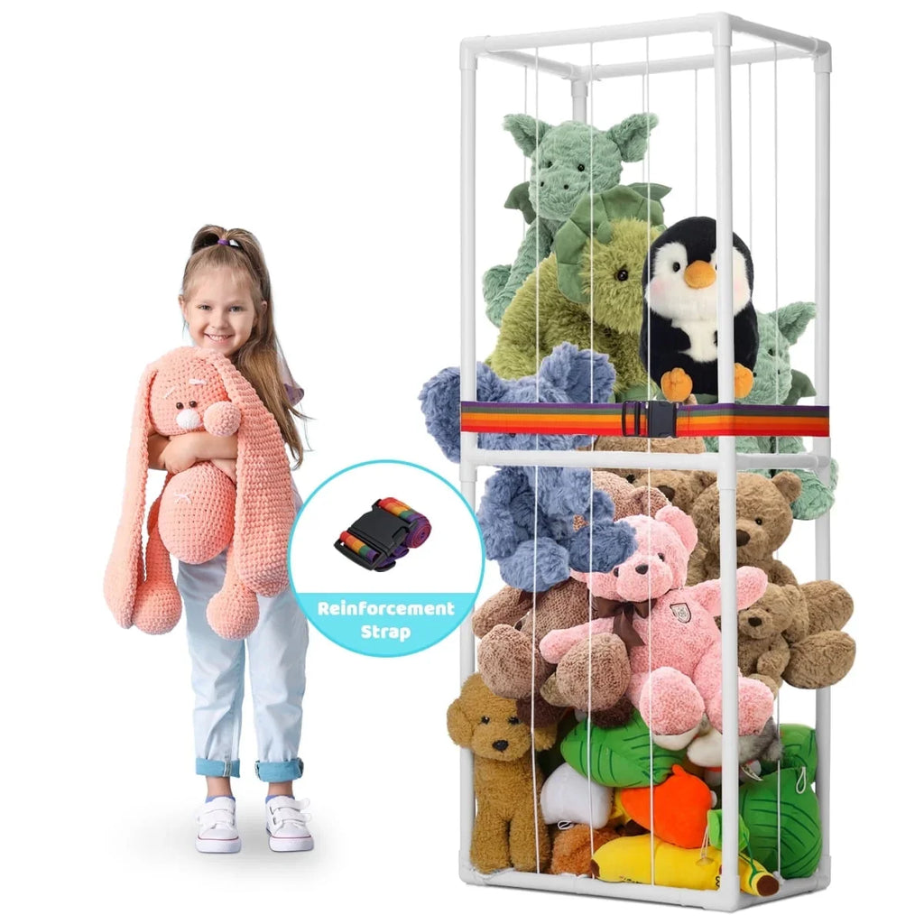 Stuffed Animal Zoo Storage Pre Assemble PVC Toy Storage Organizer with Elastic Band and Net, Stuffed Animal Holder Space Saver for Playroom Bedroom Nursery, White