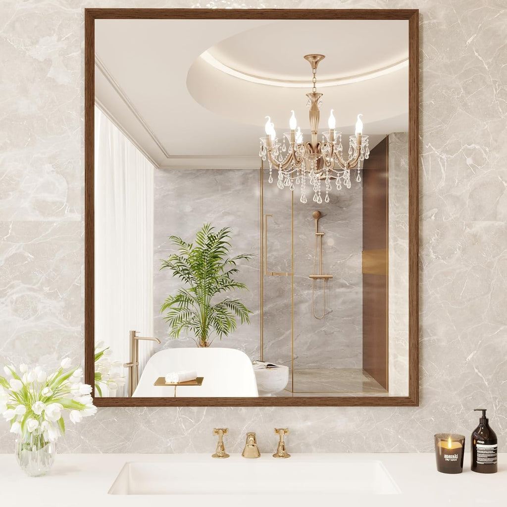 Swafrrt 22 x 30  Bathroom Wall Mirror with Walnut Wood Grain Framed, Vanity Mirror Anti Rust, Anti Fog, Waterproof