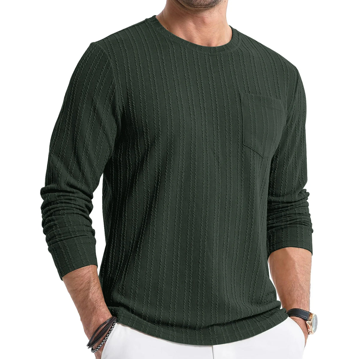 Thrilos Mens Long Sleeve Shirts Crewneck Casual Tops Pullover Work Shirts Stretch Textured Knit T-Shirts with Pocket
