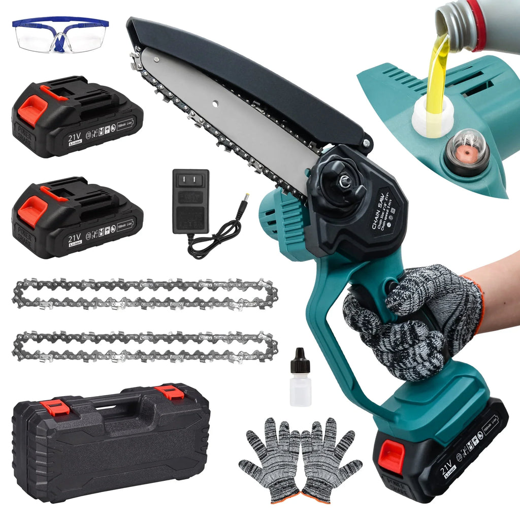Tidymend Mini Chainsaw 6 inch Electric Chainsaw with Automatic Oiler, Cordless Chain Saw with 2 Chains, 2 Batteries  Charger for Tree Trimming, Branches Cutting
