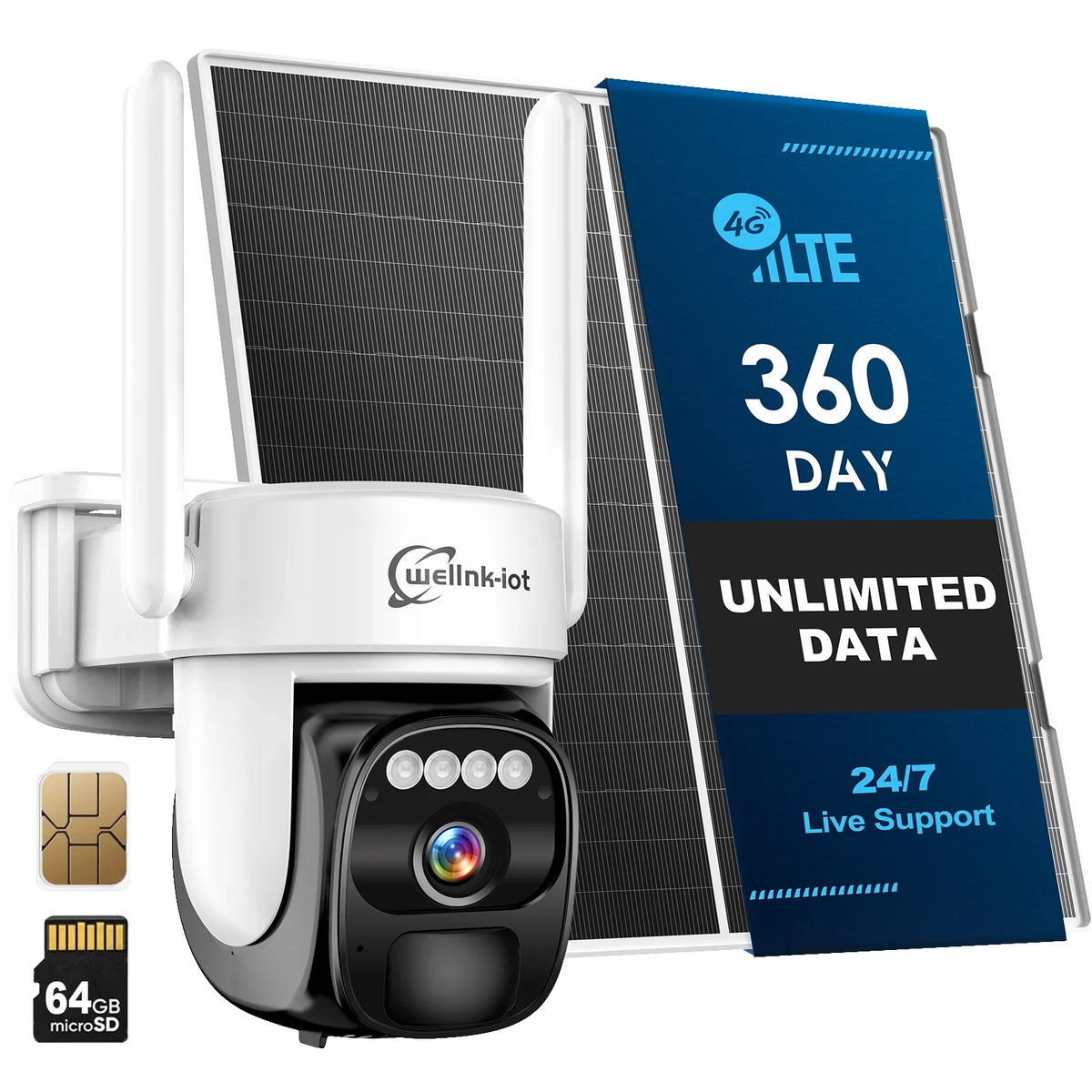 Wellnk-iot 4G LTE Cellular Security Camera with Prepaid 360-Day Unlimited Data, U.S. Local SIM&Micro SD Card, Solar Powered, Remote Access, Auto Human Tracking