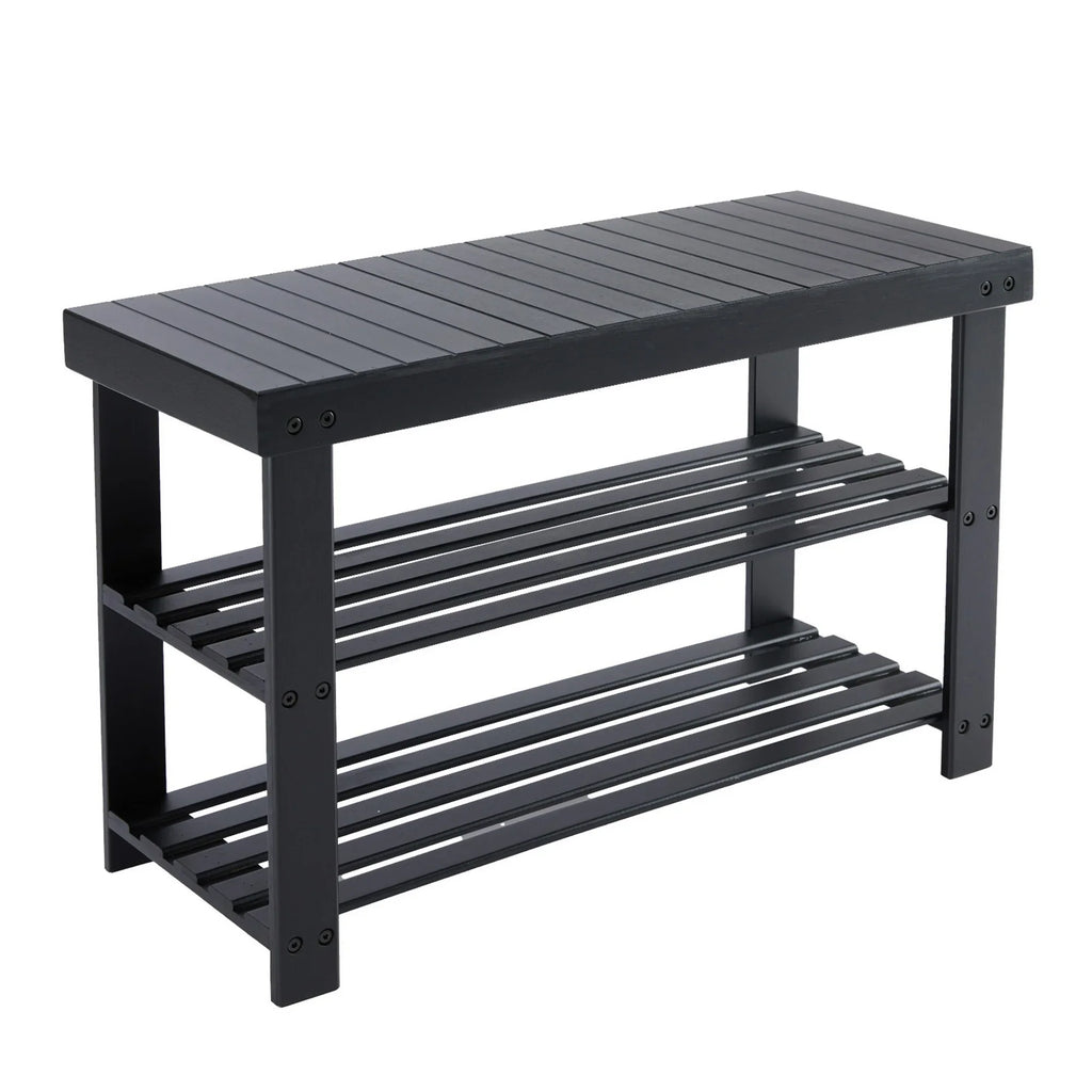 ZUNMOS 3-Tier Bamboo Shoe Rack Bench, 11.3 x 27.6 x 17.8 Inches Compact Storage Organizer with 286lb Capacity for Entryway, Bedroom and Living Room, Black