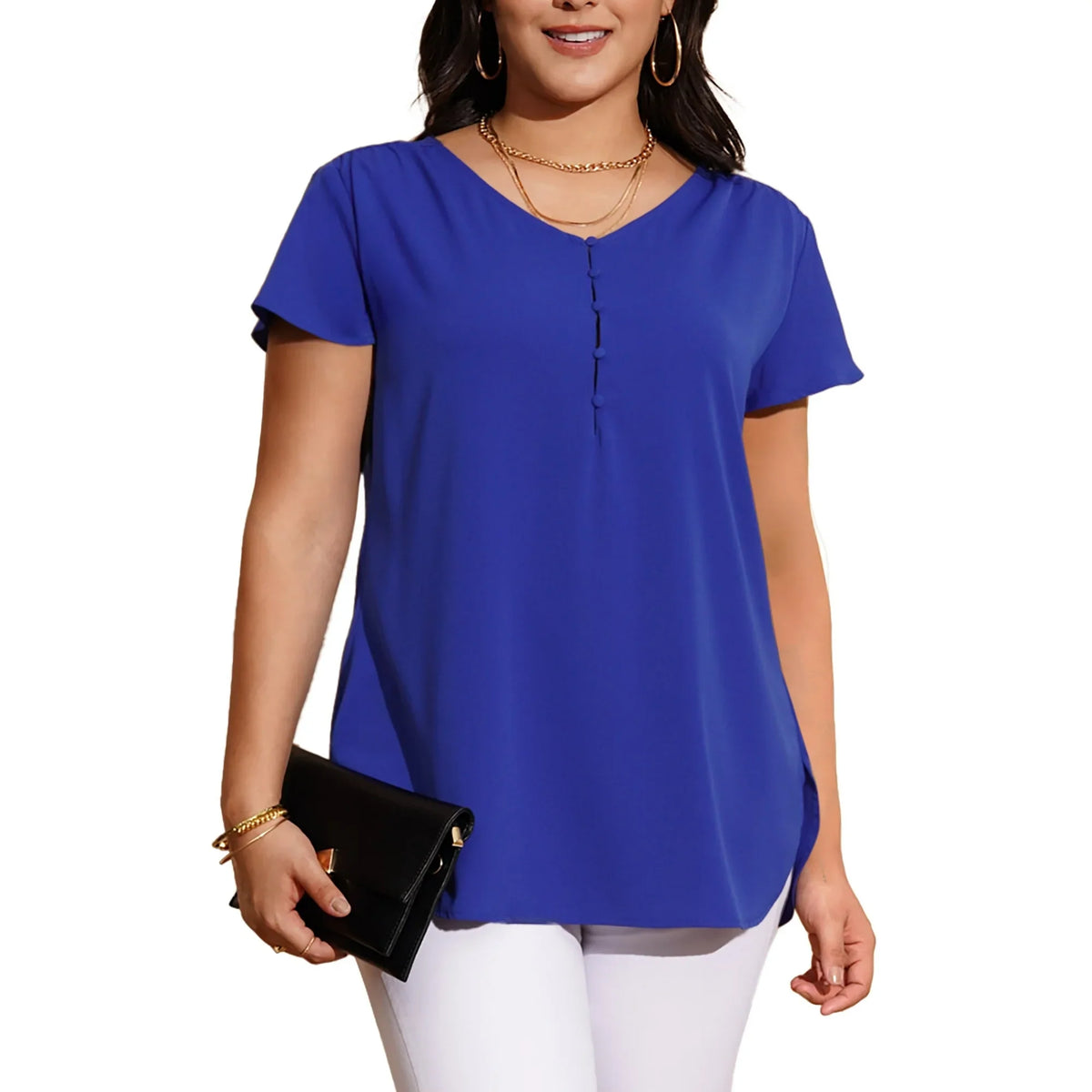a.Jesdani Women’s Plus Size V-Neck Blouse Casual Flowy Flutter Sleeve Tops with Button for Curvy Women M 4X
