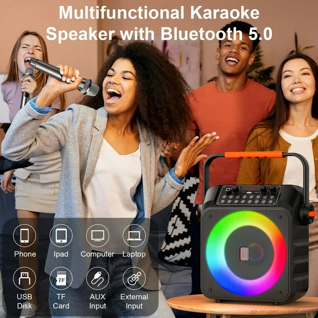 FanFun Karaoke Machine with 2 Wireless Microphones, Portable Blurtooth PA System Karaoke Machine with LED Lights for Adults Kids