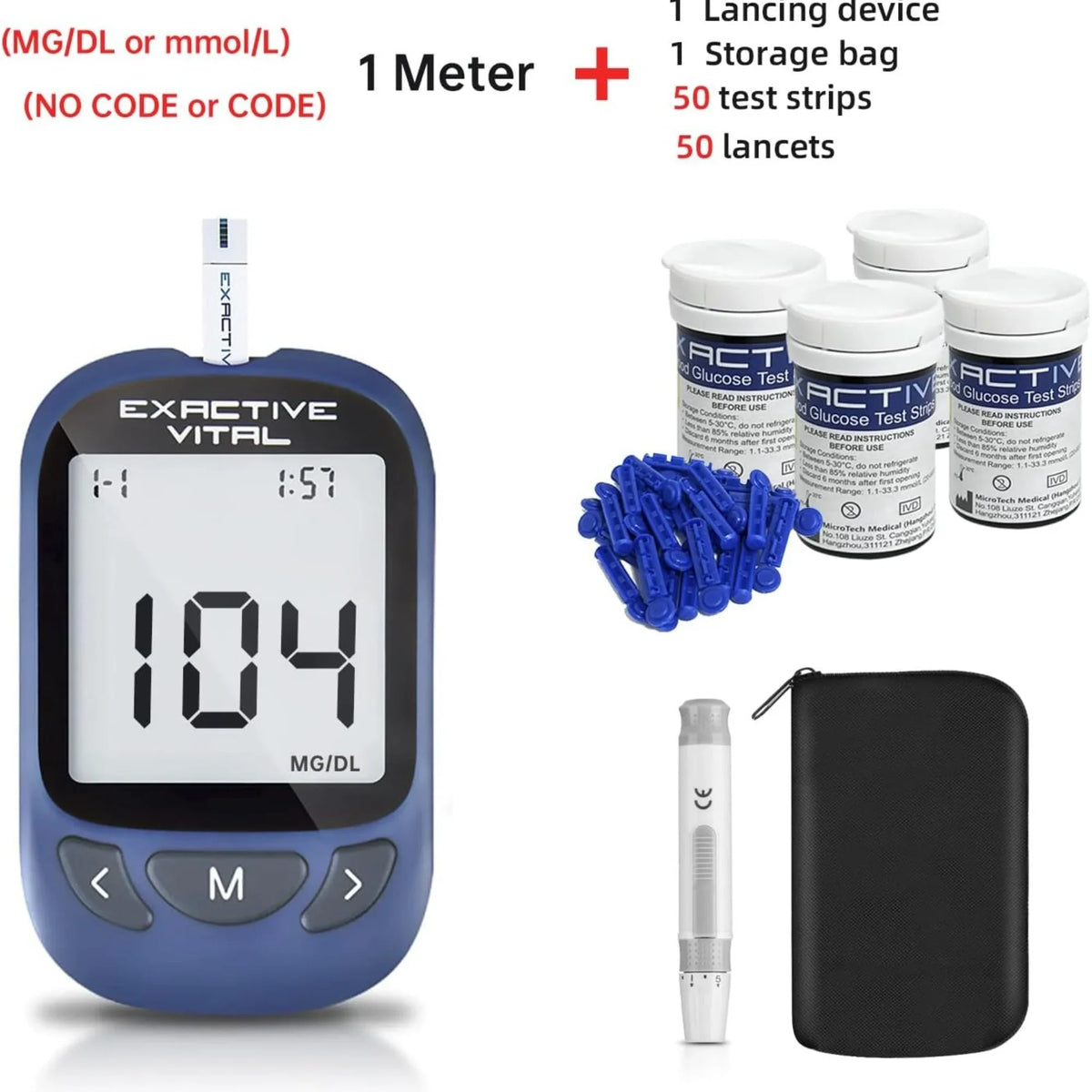 SUWU Blood Glucose Monitor Kit, Blood Glucose Meter Glucometer Kit ,50 Glucometer Strips, 50 Lancets, Lancing Device, Carrying Case