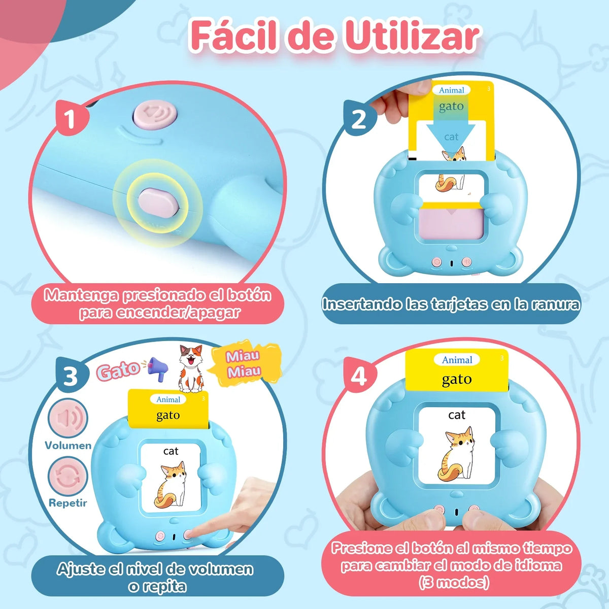 Spanish & English Talking Flash Cards for Toddlers 1 2 3 4 5 6 Toys for Kid-112 Cards 224 Words Blue