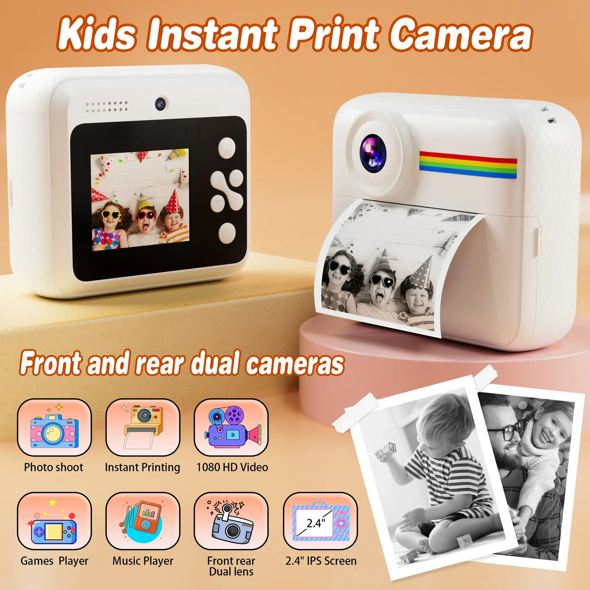 Pink Touch Kids Camera Instant Print, Dual Lens Children Selfie Camera, Christmas Birthday Gift Toy for Boys and Girls, Portable Travel Camera Toy, HD 1080P Kids Camera with SD Card - White