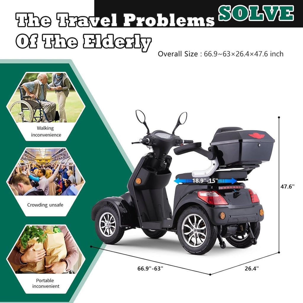 4 Wheel Electric Powered Mobility Scooter Wheelchair for Adults  Seniors  Pre Assembled in USA, 500lbs Capacity, 25 31 Miles Range, 3 Speed Up to 15 MPH, 800W Motor Power (Black)