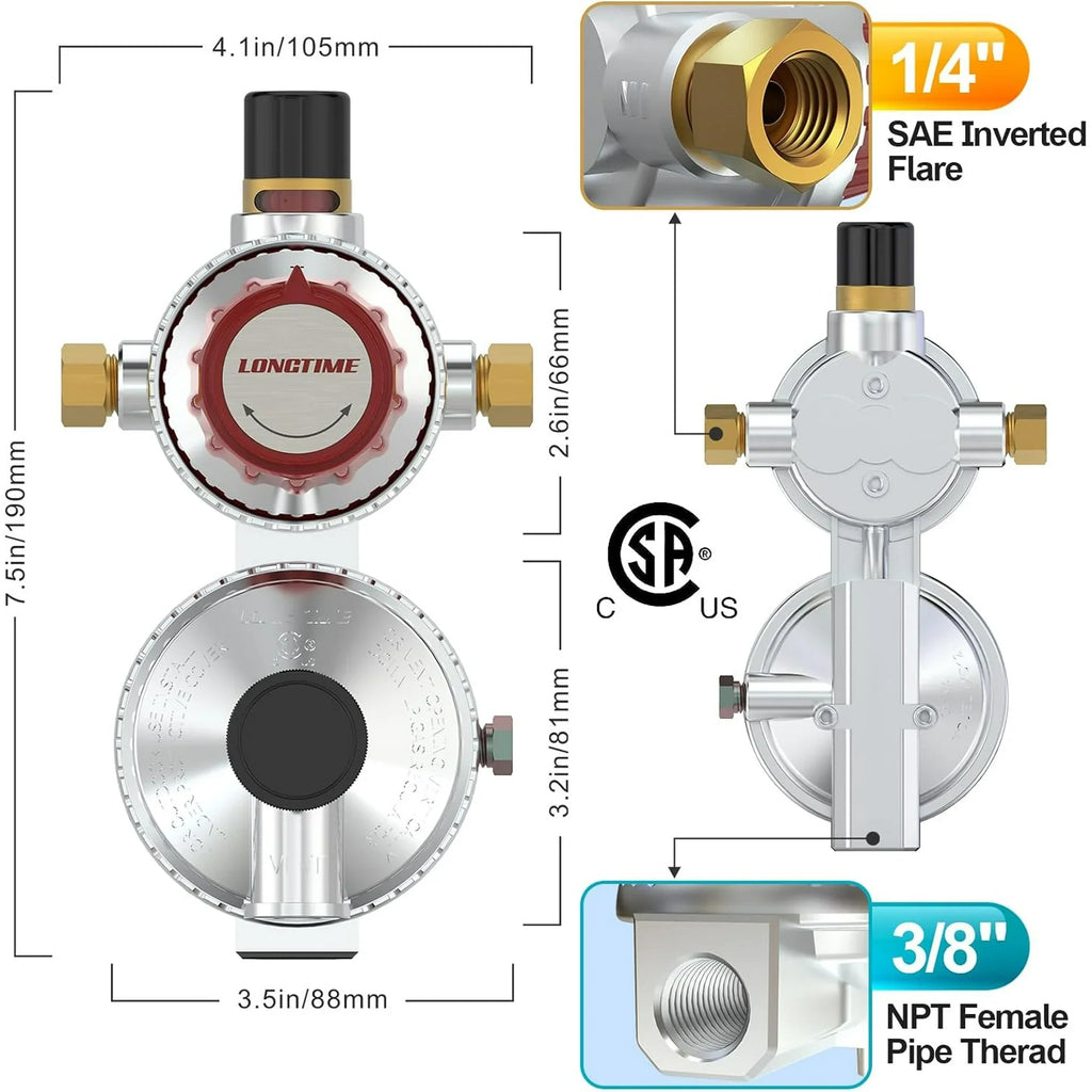 aokur Automatic 2-Stage Changeover LP Propane Gas Regulator with Two 18" RV Pigtail Propane Hoses with Gauge and Matching Bracket Stainless Braided QCC 1/4" Inverted Male Flare for RVs Vans Trailers