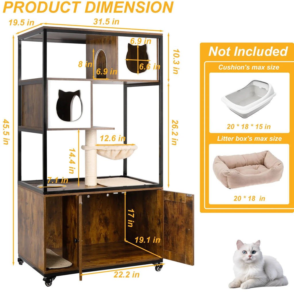 PETSCOSSET Cat Litter Box Enclosure on Wheels Washroom Furniture with Condo Hammock Scratching Mat, Multiple Platforms
