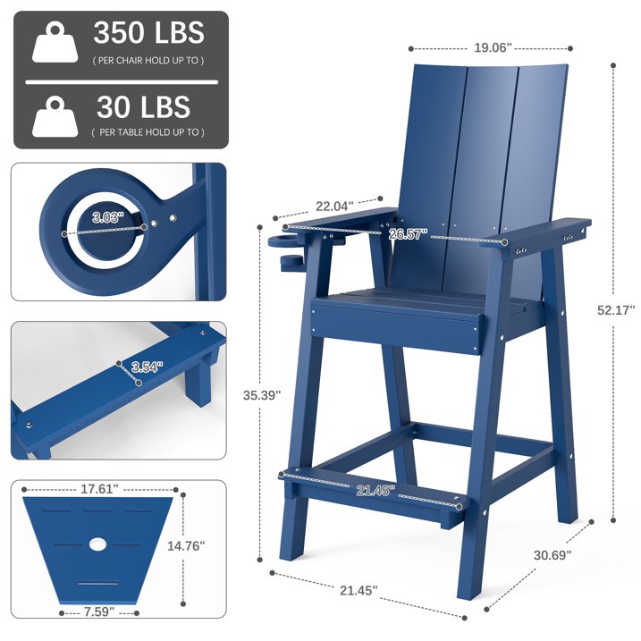 Tall Adirondack Chair Set of 2, HDPE All Weather Adirondack Bar Stools with Connecting Tray, Navy Blue