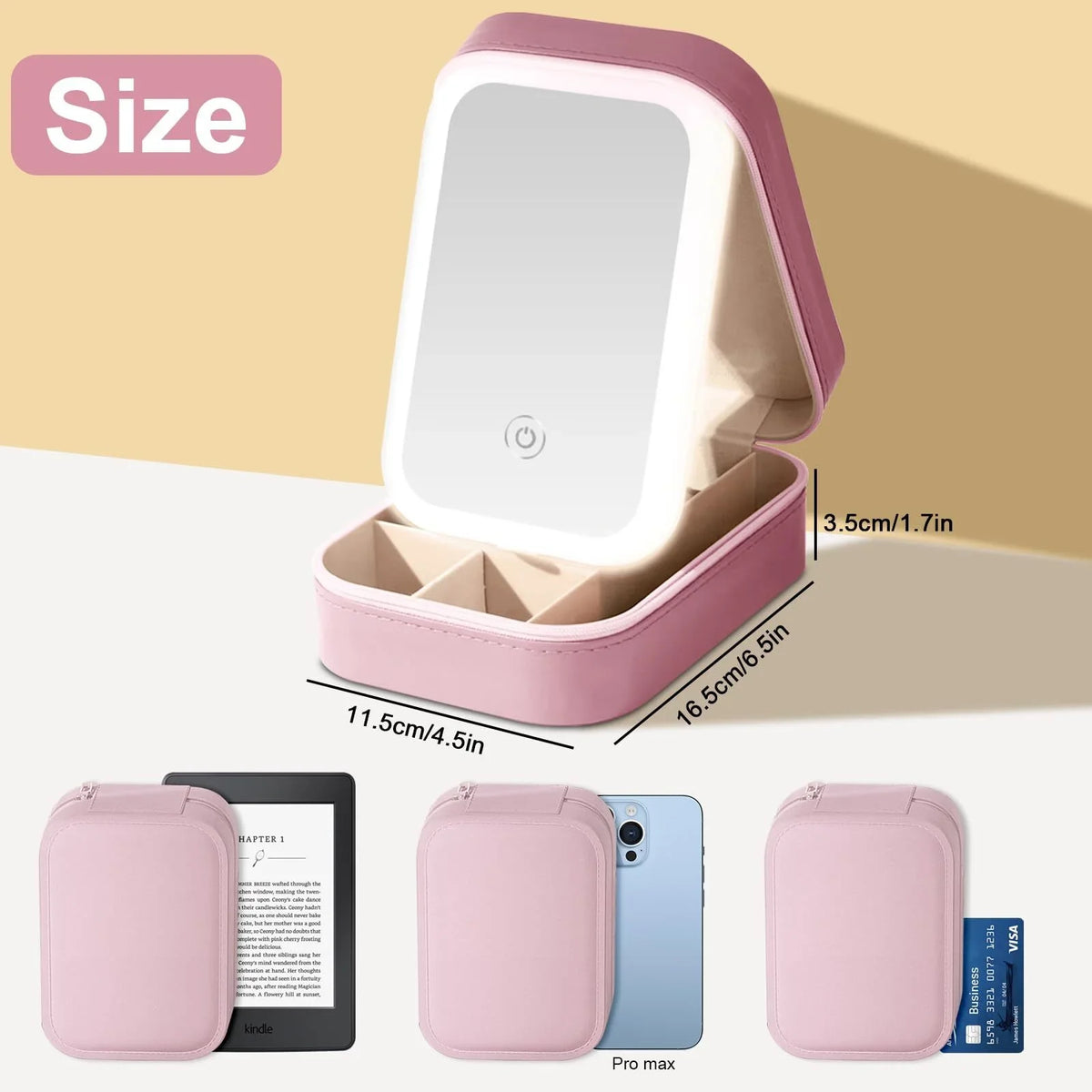 Portable LED Makeup Mirror Case with 3 Adjustable Color Light Settings, Dust-Proof Jewelry Case, Cosmetic Organizer and Multi-Compartment Storage Box for Women (Pink)