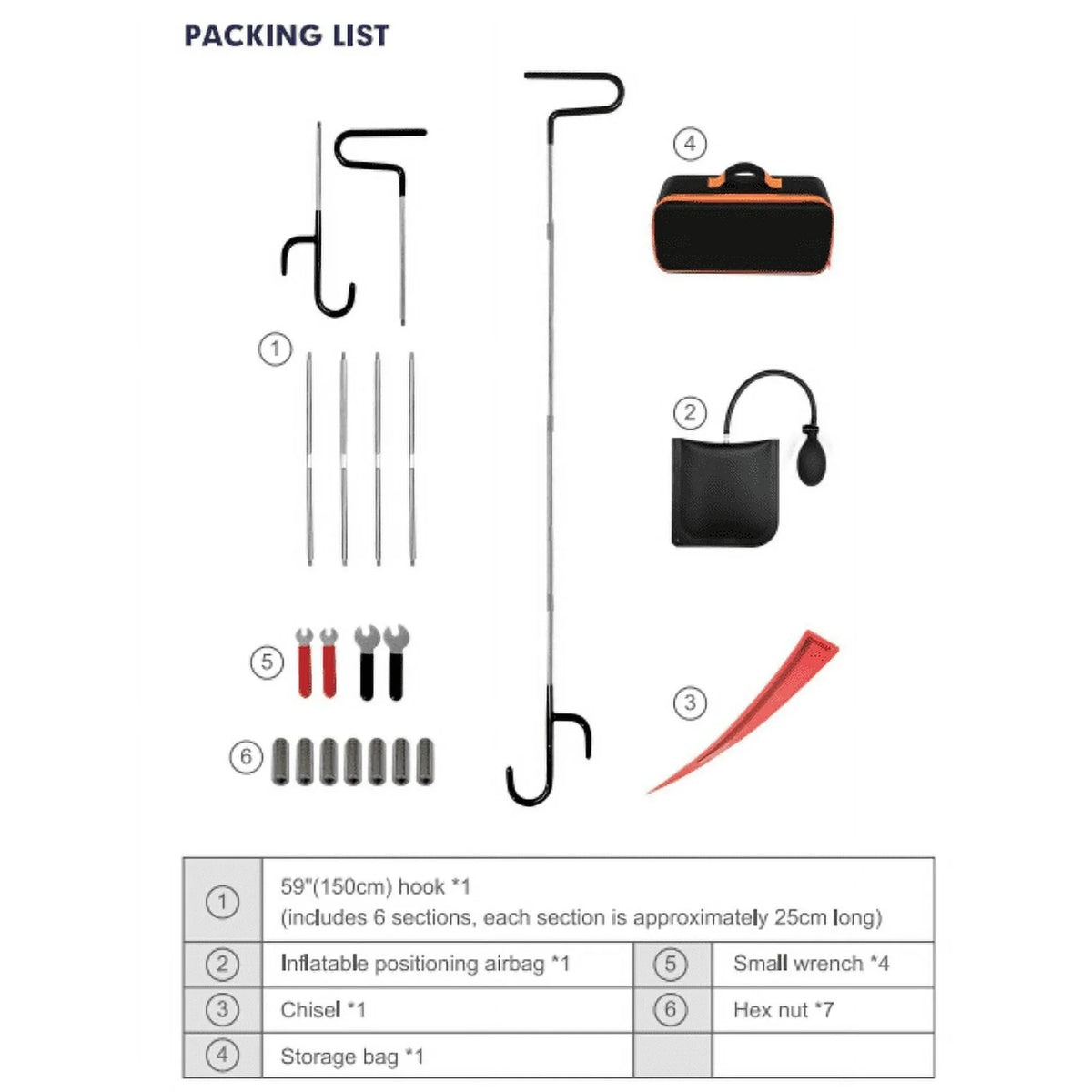 KROAK Professional Emergency Car Tools Set, Oval handle Red warping piece set wedge air bag wrench combination tool，59 inch Wheel Puller