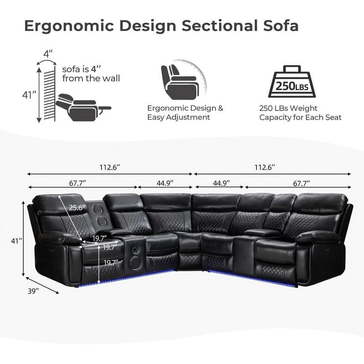 Othniel Power Reclining Sectional Couch with Bass Speaker Ambient Light USB Port,Cup Holder Black