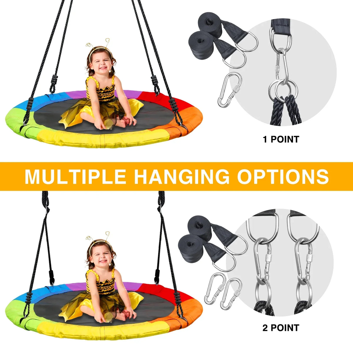 KloKick Saucer Tree Swing 700lb 40in for Kids Adults Waterproof Sets with 2pcs Tree Hanging Straps, Heavy Duty Steel Frame  Adjustable Ropes, Rainbow