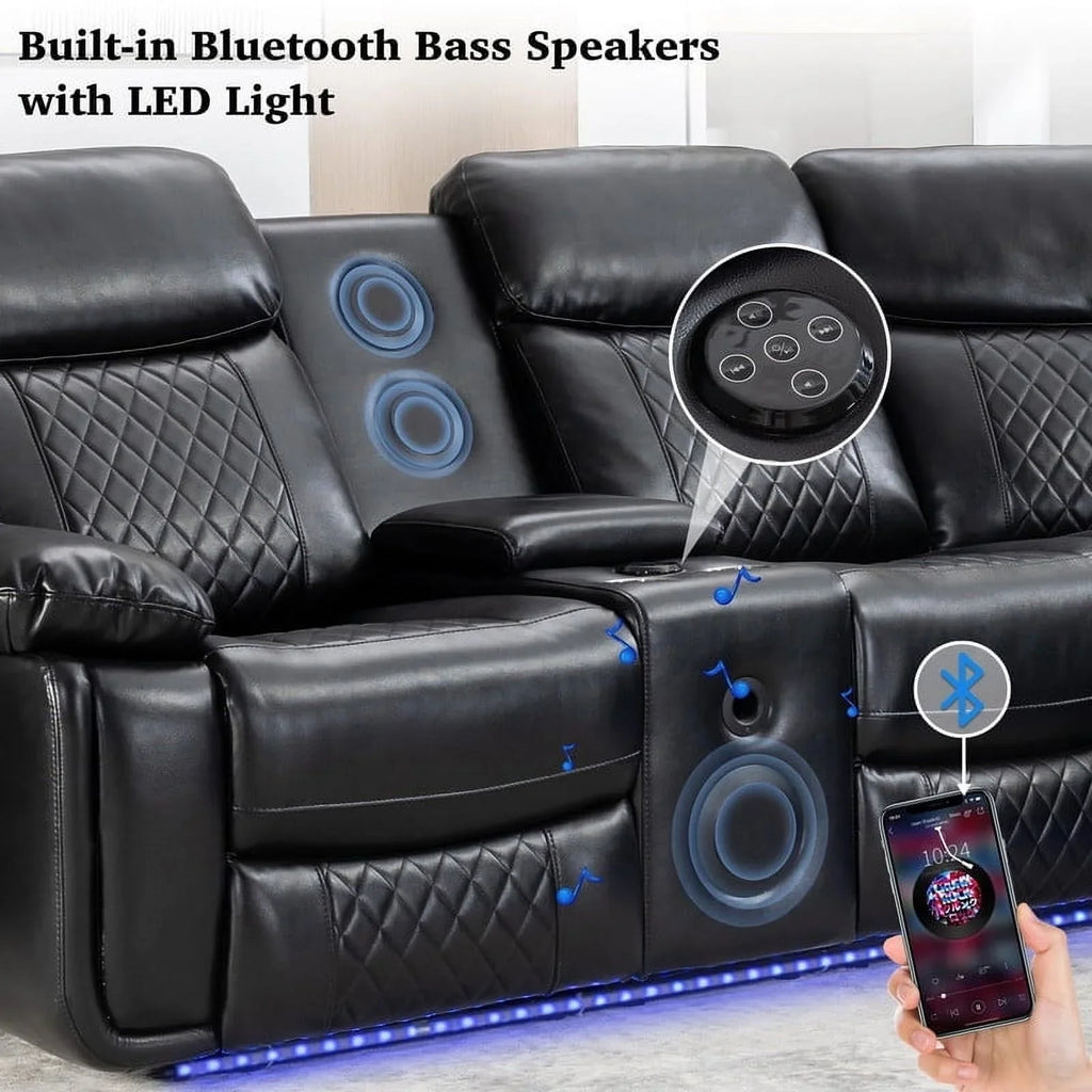 Othniel Power Reclining Sectional Couch with Bass Speaker Ambient Light USB Port,Cup Holder Black