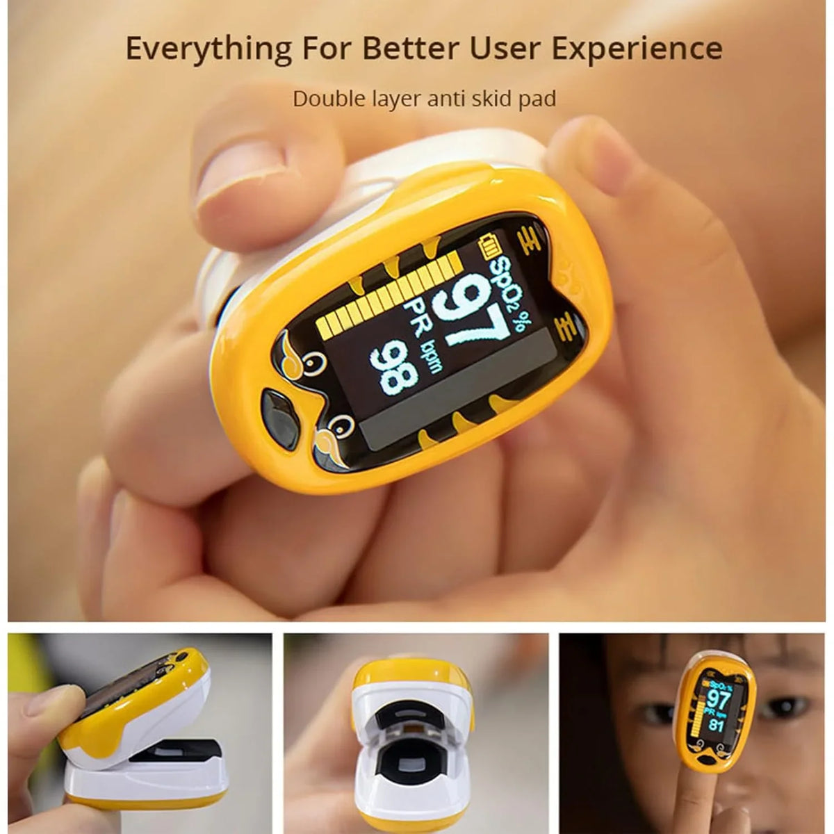 SUWU pulse oximeter Rechargeable Kids Pulse Oximeter oxygen monitor fingertip children pulse oximeter fingertip with charging cable, oximetro with lanyard, Drawstring Bag(Orange)