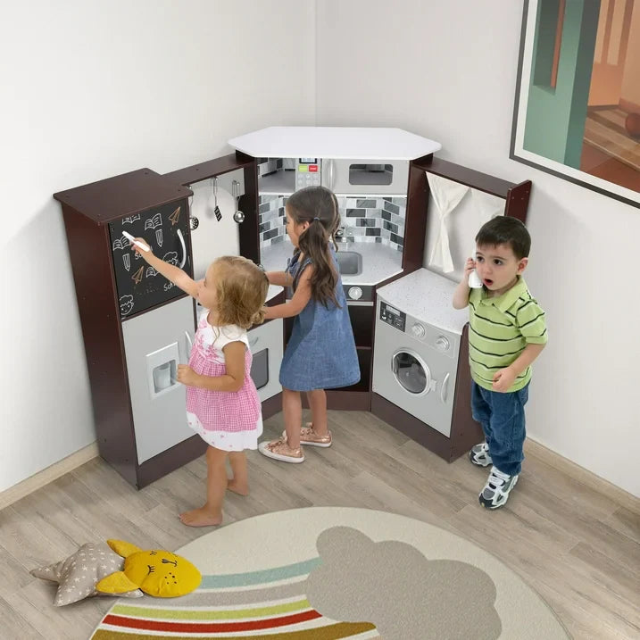 iYofe Corner Play Kitchen, Espresso Kids Kitchen Playset with Lights & Sounds, Play Phone and Curtains, Wooden Kitchen Toys for Ages 3-5 Boys Girls