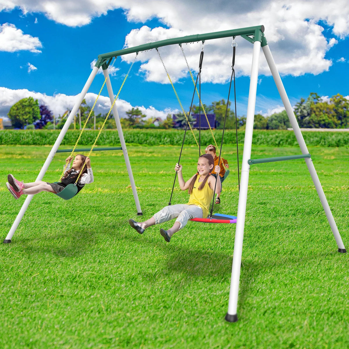 KloKick 9.5  Heavy Duty Swing Set for Kids  Adults  Includes Saucer Swing  2 Belt Swings, Outdoor Playground Equipment for Backyard Fun