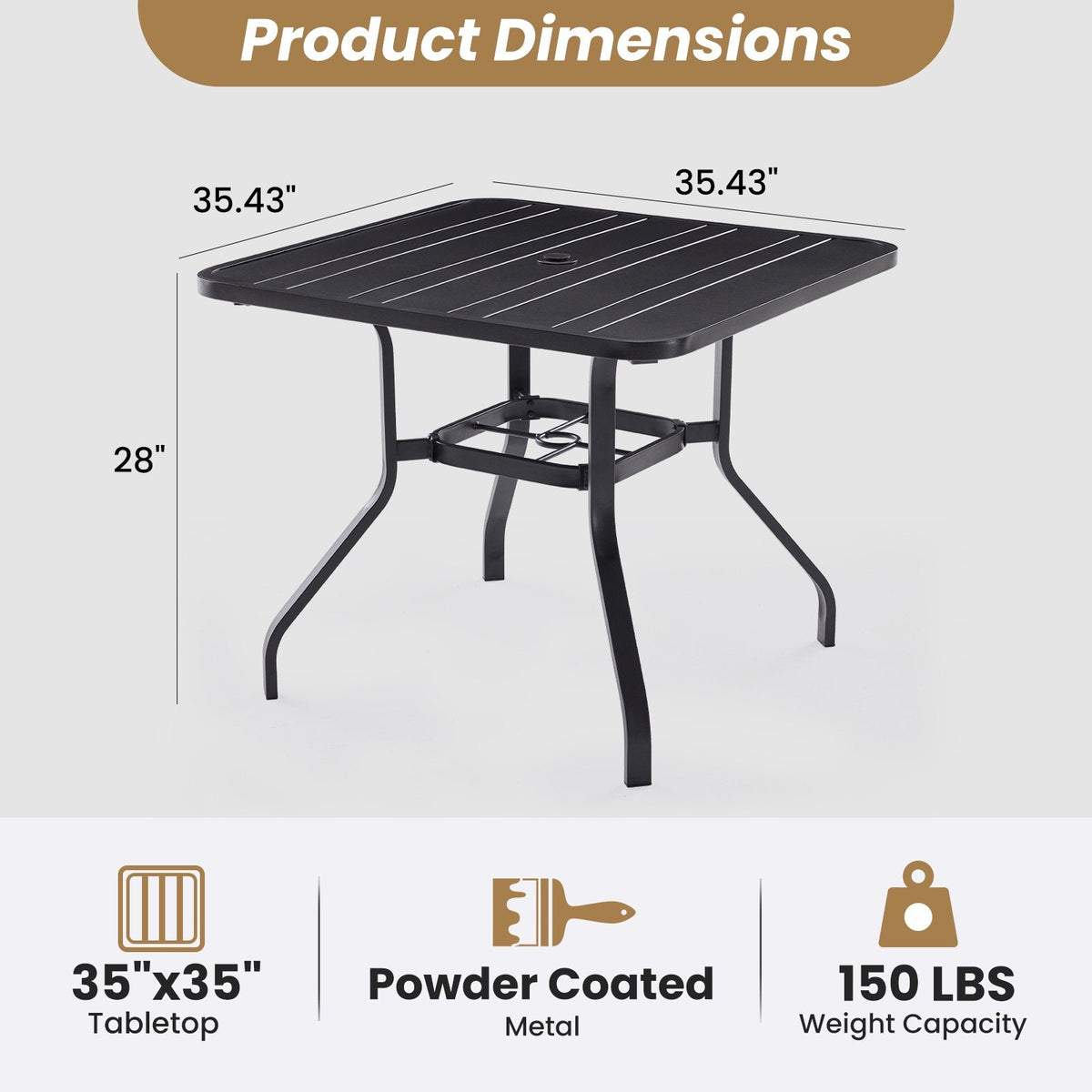 Farini Patio Dining Table 35"x35", Square Outdoor Dining Table with 1.57" Umbrella Hole for Patio Graden Backyard and Poolside