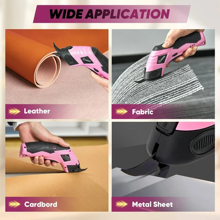 Saker Cordless Electric Scissors, Lightweight, Type C Charging, Safety Lock, Pink with Storage Bag, 2 Blades for Fabric, Carpet, Leather, Cardboard