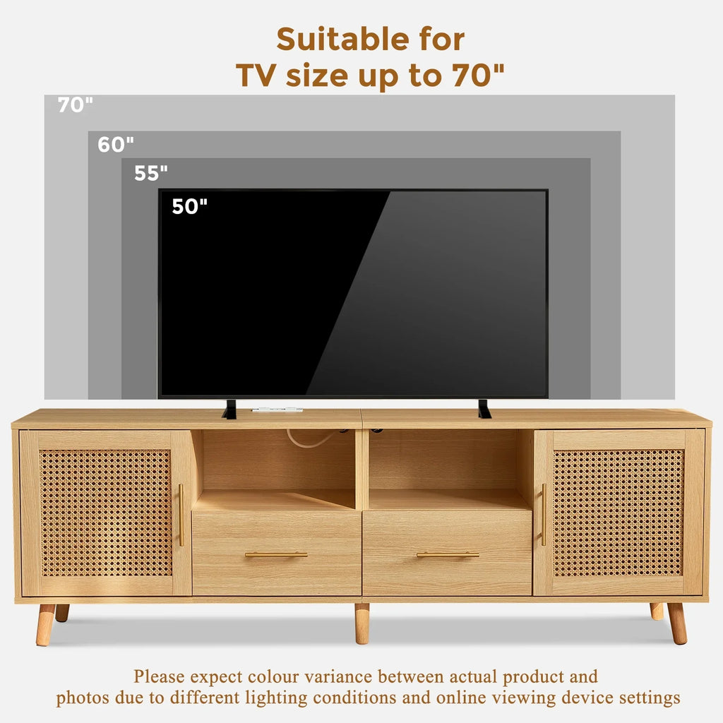 JanflyHome TV Stand for 75in TV, Rattan Boho Entertainment Center with Adjustable LED Light, Power Outlet, Wood