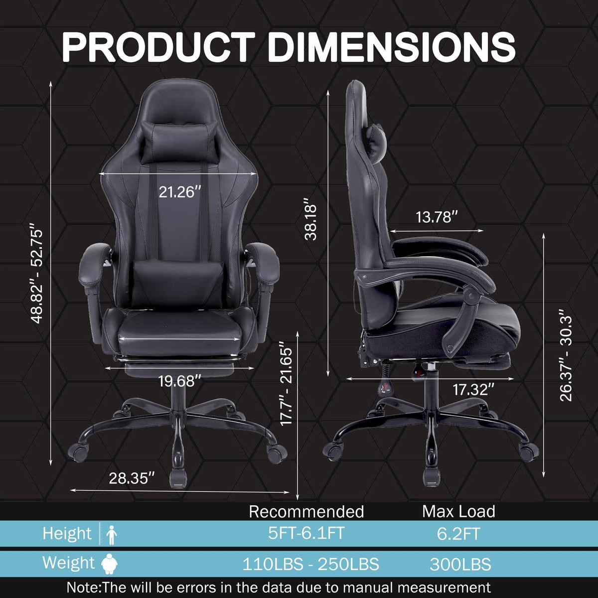 Black Gaming Chair with Footrest and Massage Ergonomic Video Gamer Chair for Adults Leather Gaming Chair High Back Swivel Reclining Computer Chair for Home Office