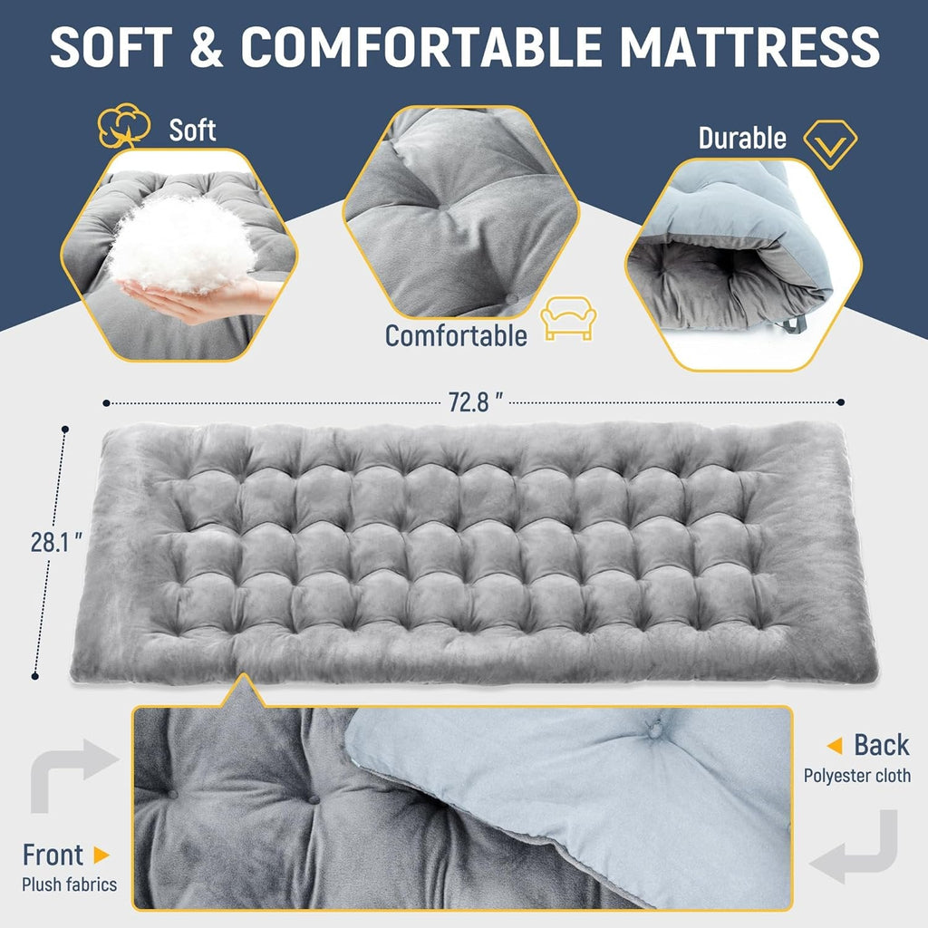GVDV Portable Folding Camping Cot  2 Sided Comfort Mattress  Pillow, Multi Position Folding Lounge Chair, Oversized Folding Bed Cot for Outdoor, Home, Office