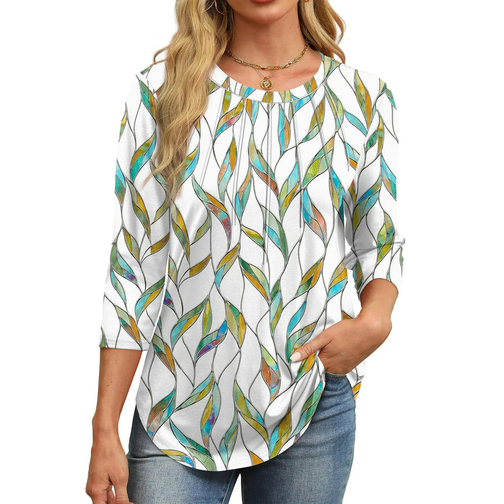 Fantaslook Womens Plus Size Tops 3/4 Sleeve Pleated Dressy Blouses Crew Neck Casual Tunic Tops Summer Shirts
