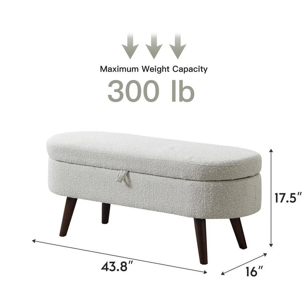 Othniel 44" Beige Boucle Storage Ottoman Bench for Living Room Bedroom Oval Footrest Wood Legs