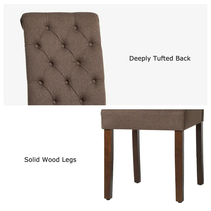 COLAMY Tufted Fabric High Back Dining Chair, Rolled Back Kitchen Chair, Set of 2, Brown