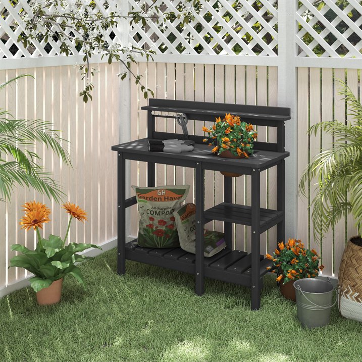 Potting Bench Outdoor Potting Table with Sink, HDPE Potting Benches for Outside Gardening Table All Weather Use, Gray