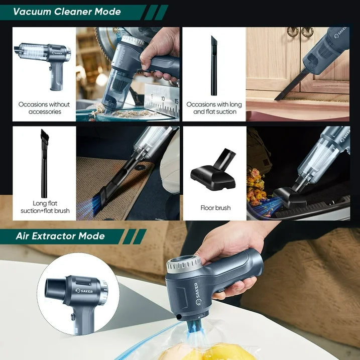 Saker 3 in 1 Cordless Vacuum Cleaner with 12000PA Brushless Motor, Mini Handheld Vacuum Cleaner with Air Blower, Extractor for Car, Home, Office, Only 0.8lbs