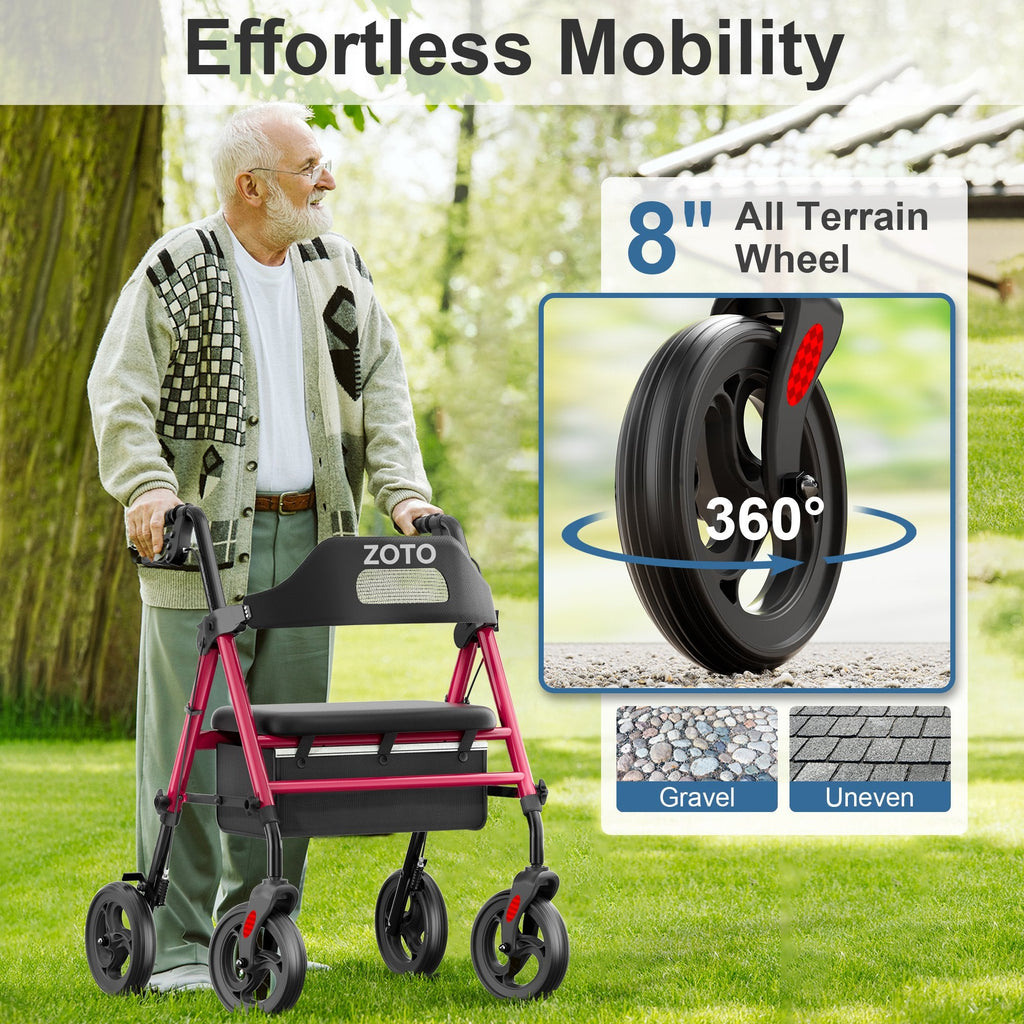 ZOTO ZOTO Walkers for Seniors with Seat, Foldable Rollator Walker, Reinforced Aluminum Frame, Height Adjustable Lightweight Rolling Walker,RED,VR2