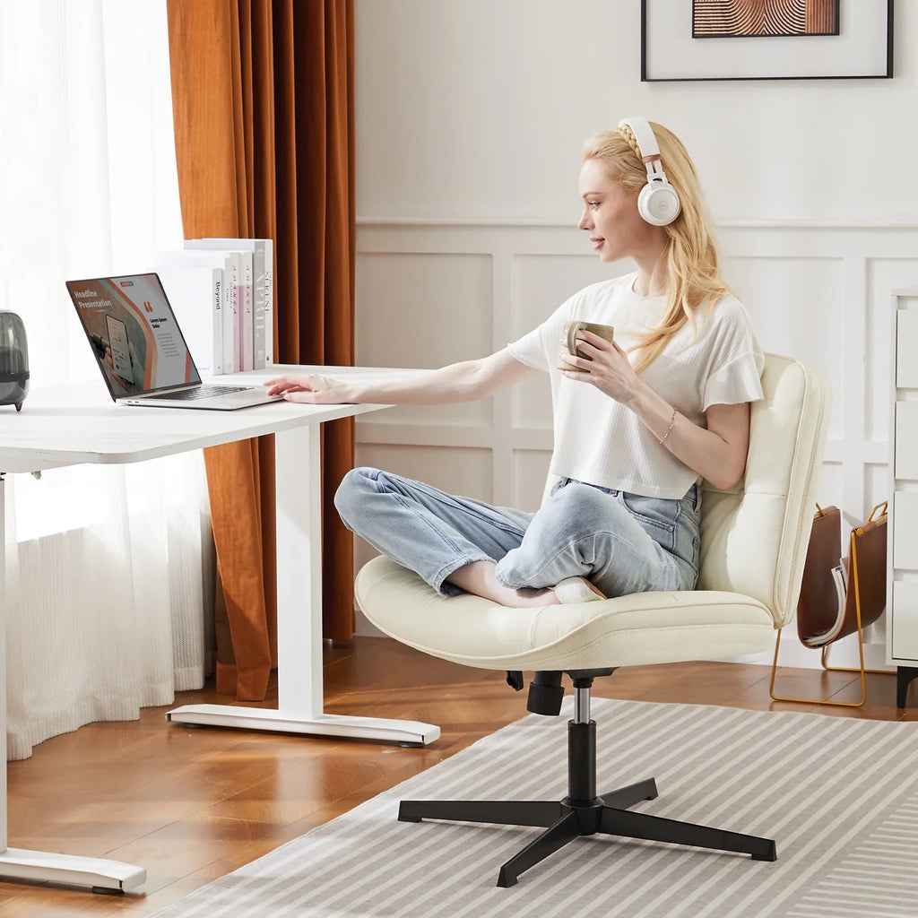 EDX Armless Office Fixed Chair, Wide Ergonomic Artificial Leather Swivel Chair with Height Adjustable, Comfortable Computer Accent Chair for Living or Bed Room, Beige