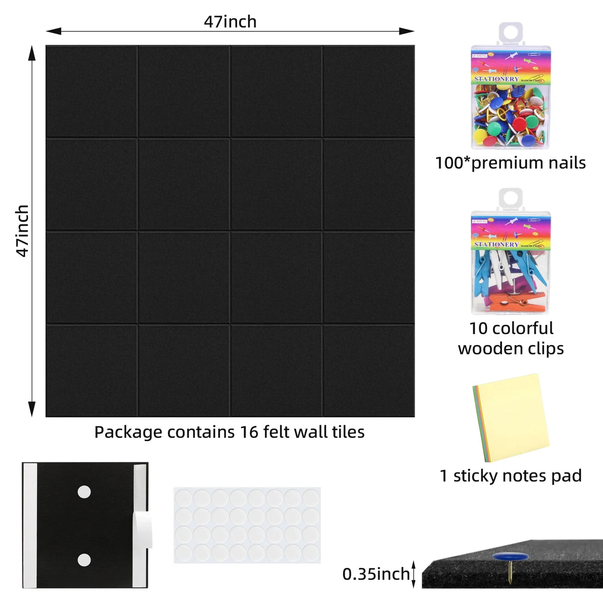 Sentryse Felt Tile Bulletin Board, 16 Pack Felt Wall Tiles with 100 Push Pins,10 Push Pin Clips, Sticky Notes, Large Alternative Cork Board for Walls Home Office, 47 X 47 inches