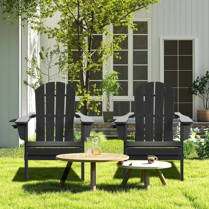 Greforg Oversized Folding Adirondack Chair with Cup Holder,HDPE for outdoor Lawn,Black