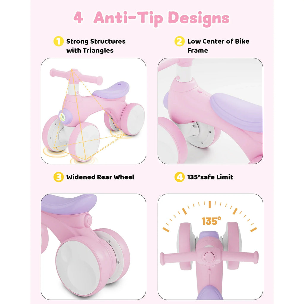 Baby Balance Bike for 1-2 Year Old Boys Girls, 4 Wheels Balance Bike with Lights & Sounds, Best Birthday Gift for Toddler, Toys for Baby Walker(Pink)