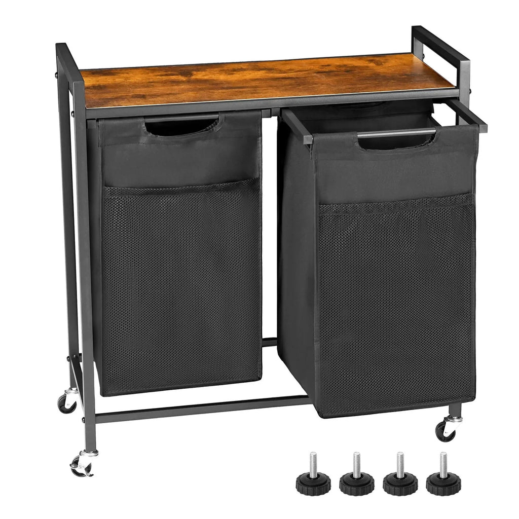 edx Laundry Hamper with 2 Pull-Out Removable Laundry Bags Clothes Sorter with Shelf and Wheels(Adjustable feet), 2 x 11.2 Gallons (42.5 Liters) for Laundry Rooms, Bathrooms and Dorms