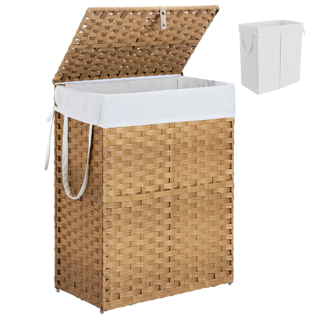 edx Laundry Basket with Lid, 90 L Hand-Woven PP Rattan Laundry Basket with Handle, Foldable, Removable Liner, Natural
