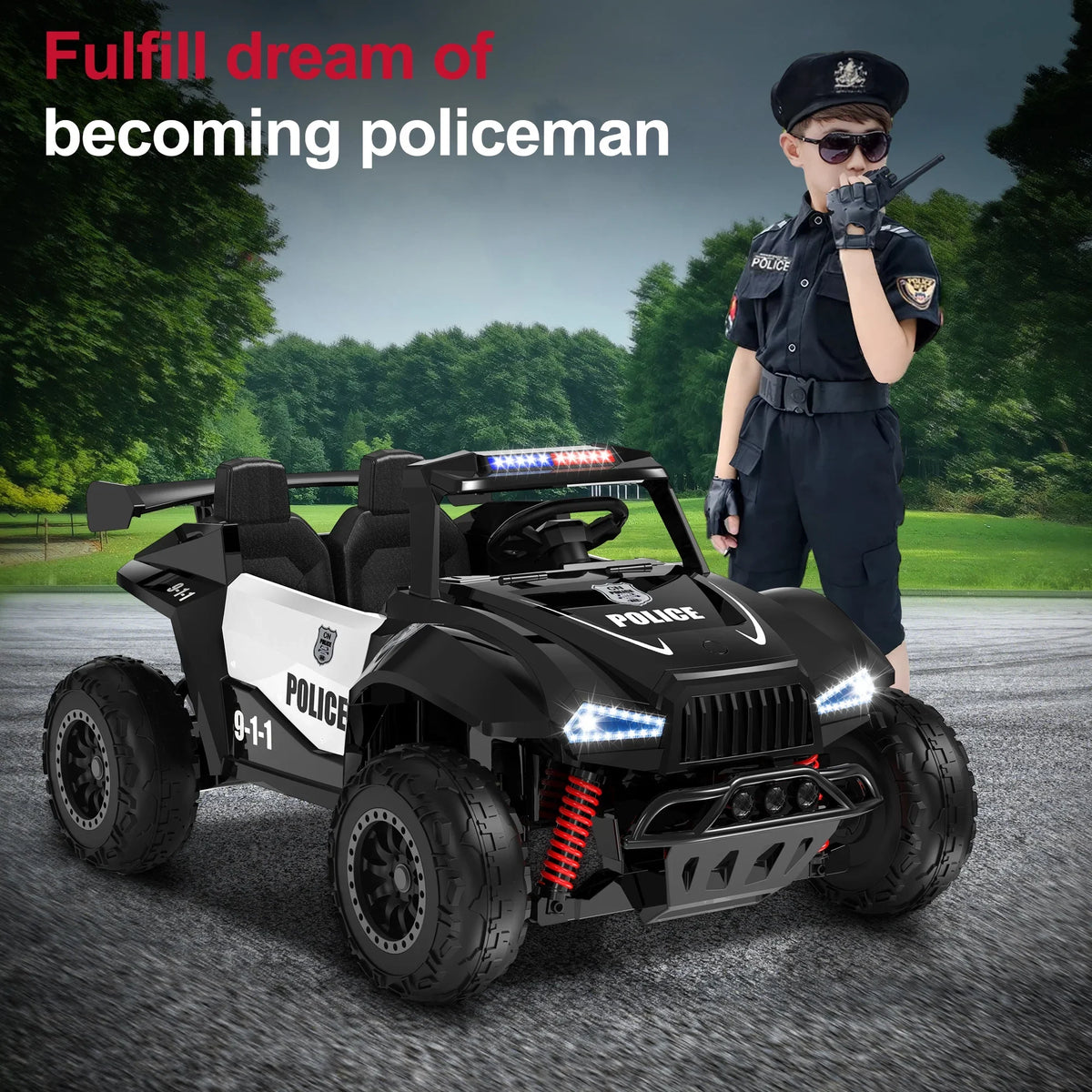 24V 2-Seater Ride On Police Pickup, 4WD/2WD Switchable Kids UTV, 800W Motors W/Remote Control, 3 Speeds, Electric Truck Car Toy Gifts for Kids with Megaphone, Alarm Lights, MP3, 2 Safety Belts, Black