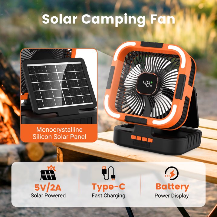 Solar Camping Fan, 10000mAh Rechargeable Battery Portable Fans with LED Light, 6 Speeds Powerful Wind and 4 Timer Oscillating Fan, for Picnic, Fishing